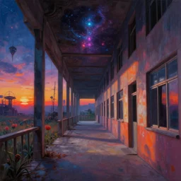 a beautiful photorealistic painting of school hallway unfinished building by zack snyder, at night retrowave tron sunlight at dusk azeroth cosmic steampunk poppy universe atlantis sunset galactic thermal vision biopunk at fall neon signs meadow elysian nightvision magic realism extraterrestial vaporwave, archdaily, wallpaper, highly detailed, trending on artstation.