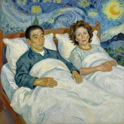 An ultradetailed oil painting of Abe Shinzo and Nancy Pelosi lying in bed, by Van Gogh, 4k