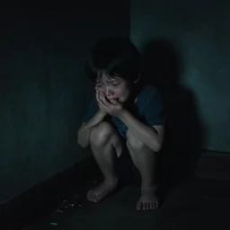 a crying kid crouched in a corner slowly being enveloped by evil darkness, dramatic lighting, cinematic scene, melting, fading away, eerie, impressionism, award-winning