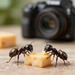 high quality presentation photo of cute anthropomorphic black ants eating cheese, photography 4k f1.8 anamorphic bokeh 4k Canon Nikon