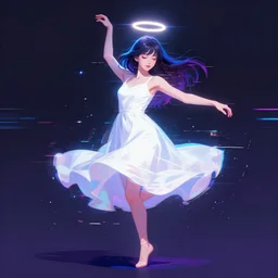 trending on artstation girl in white dress dancing, halo over her head, glitchy, glitch art, Chromatic aberration, nobody knows the future