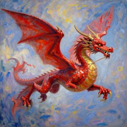 classic red dragon in the style of claude monet, flying, beautiful intricate masterpiece, hyper detailed, hd