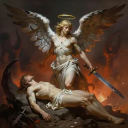 a fallen angel with a broken halo wielding a jagged broken blade standing in hell in the style of frank frazetta trending on artstation deviantart pinterest detailed realistic hd 8 k high resolution