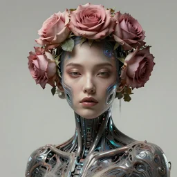 portrait of a female face with roses, cyberpunk cyborg. roses, muted colors, sci - fi, intricate abstract upper body intricate artwork, by tooth wu, wlop, beeple, dan mumford. concept art, octane render, deviantart, greg rutkowski, cinematic arthouse, key art, hyper realism, iridescent accents