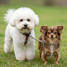 a bichon frise tugs a rope with a cute brown long haired chihuahua cocker spaniel