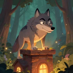 a cartoonish big wolf is inside the chimney of a house in a mystical forest full of wonders, warm lighting, magical atmosphere, trending on artstation, 3 0 mm, by noah bradley trending on artstation, deviantart, high detail, stylized portrait