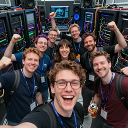 selfie of a tight group of happy drunken hackers at a party in a highly detailed server room with computers everywhere and wires, netmeet, large speakers, in a scifi movie, vivid colors, by jamie hewlett, nuri iyem, james gurney, james jean, greg rutkowski, anato finnstark. hyper detailed, wide angle, perfect faces