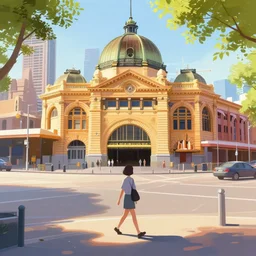 i walk in melbourne, australia. volumetric lighting, summer, late morning, nice weather, realistic illustration, perfectly shaded, soft painting, art by krenz cushart and wenjun lin