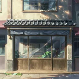 front view of a closed japanese storefront in the beautiful anime film by makoto shinkai and studio ghibli