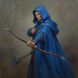 portrait of a kenku plague doctor archer in a flowing blue cloak. oil on canvas by lead character artist