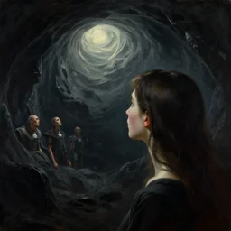 she peers into the abyss and sees the abyss looking back at her, dramatic cinematic lighting, smooth, sharp details, intricate, sad and powerful painting by beksinski and ruan jia and greg rutkowski and android jones