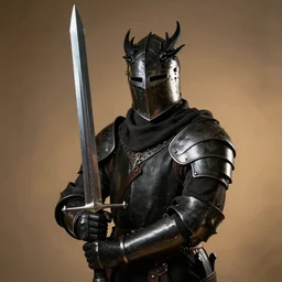 portrait of dark age knight wearing black dragon helmet, holding gigantic straight sword, detailed, realistic, studio lighting, warm light, shining metal, portrait photography