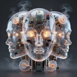 horizontally symmetrical!! 3 d frontal portrait of the humanoid robot face made of transparent plastic inside which are vintage electronic components lamp transistors, intricate, elegant, surrounded by smoke and burning. translucent nautilus, highly detailed, by wlop, tooth wu, greg rutkowski, alena aenami
