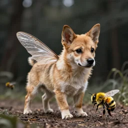 the hybrid of a dog and bumblebee the dog has wings the bee is running, chimera, photo realistic, realistic lighting