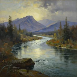 painting of a horror river. in the distance, there are mountains. by bob ross, albert bierstadt, immaculate scale, hyper - realistic, trending on artstation, 8 k, detailed, atmospheric, immaculate