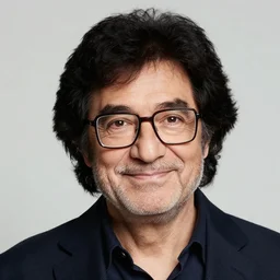 beautiful portrait photograph of a bob ross wearing square glasses, simple background, studio lighting