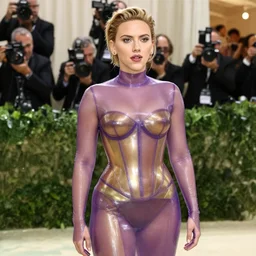 sexy Scarlett Johansson wearing very tight  Translucent purple and Gold latex  crazy outfit Met Gala photoshoot
