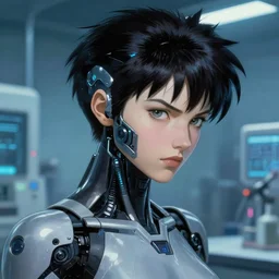 mass effect screenshot. intense sidelong stare. close face portrait. laboratory bg. scene of beautiful pretty lithe feminine cybertronic android painted by norman rockwell. character designed by hideaki anno. bodysuit. lustrous spiky hair. digital. lighting by james gurney. trending on artstation. masterpiece. artgerm mucha rutkowski.