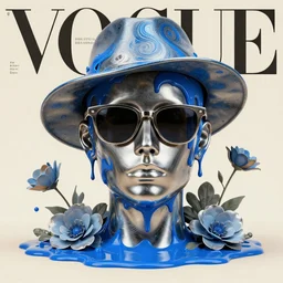 a head made out of melting metal, limitted neutral palette, it is wearing sunglasses and a hat, there are flowers all around it, blue paint melting, vogue cover style, demonic style, smooth fractal style
