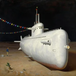 painting by dean cornwell, ilya repin, nc wyeth painting, ultra wide, vanishing point, 3 d perspective, mano del desierto, nuclear submarine skeleton, white machinery, midnight, colorful lightbulb festoon lights