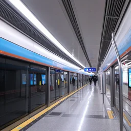 modern subway with colorful neon lights running along the ceiling
