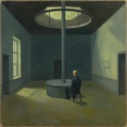 mind control facility interior, dystopian, pj crook, edward hopper, oil on canvas