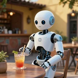 hiper realistic humanoid robot inspired in xiaomi's humanistic robot in the shape of kid robot armor, having a drink in a table outside of a bohemian bar in south america, in the style of baiolux labs illustration, highly detailed, film, daylight, golden hour, cold press print