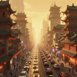 cyberpunk city in china, traffic flow, chinese style, warm color scheme, mist, hyperdetailed, animation, by lownine.