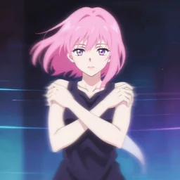 pink haired woman in the anime style crossing her arms across her chest, motion blur, holography,