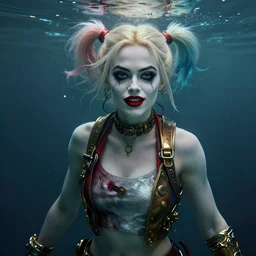 underwater steampunk portrait of emma stone as harley quinn, au naturel, hyper detailed, digital art, trending in artstation, cinematic lighting, studio quality, smooth render, unreal engine 5 rendered, octane rendered, art style by klimt and nixeu and ian sprigger and wlop and krenz cushart.