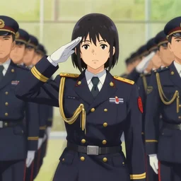 key visual concept art, portrait of a stately anime girl wearing formal military dress uniform saluting at a full honors military funeral, somber, rule of thirds golden ratio, fake detail, trending pixiv fanbox, acrylic palette knife, style of shinkai makoto studio ghibli genshin impact