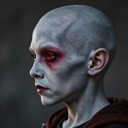 detailed side - view portrait of an evil 6 0 year old man, grey skin, papery and ashy skin, red eye shadow, bald, masterful, backlit
