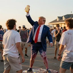 donald trump hitting people with pudding, pudding stained clothes, golden hour, boardwalk