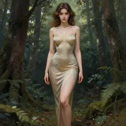 full body portrait of a female wearing a skintight dress in a forest, large thighs, perfect face, intricate, elegant, highly detailed, digital painting, artstation, smooth, sharp focus, illustration, art by artgerm and greg rutkowski and alphonse mucha, 8 k