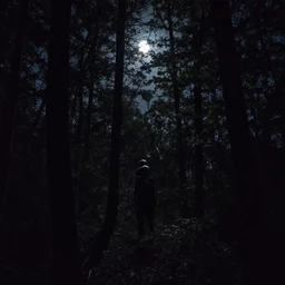 grainy surveillance photo still of an alien in the woods at night hiding in the trees of a forest, low contrast, atmosphere, moonlight through trees