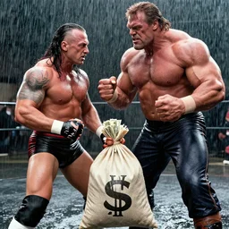 gene simmons and hulk hogan fighting over a bag full of cash, it's raining outside, hyper realistic
