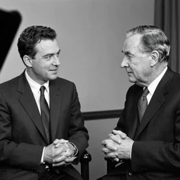 Nathan Fielder interviewing Richard Cheney, black and white photograph, 1948,