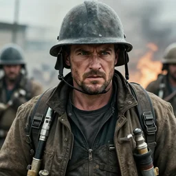 realistic photograph of a rugged gas man in the middle of battle, highly detailed, cinematic, portrait, close - up,