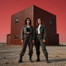 photograph 2 techwear women in front of a brutalist metal building, on a desolate plain, red sky, sigma 8 5 mm f / 1. 4, 4 k, depth of field, high resolution, octane render, 4 k, 8 k, hd, full color