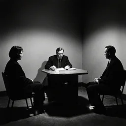 interrogation room, film noir, art film, stanley kubrick set piece,!! art!!, black and white, cinematic, sharp shadows