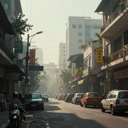 an intricate concept art illustration of an manila street hazy afternoon, anime style, fuzichoco color palette, no people, global illumination, digital art, photorealistic movie still, style ivan talavera and artgerm, hyper realistic, photorealistic, octane render, trending on artstation, cgsociety, cinematic light, 8 k
