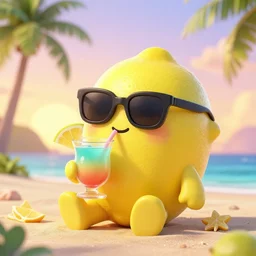 3 d octane render of a chibi lemon character sipping on a delicous caribbean drink wearing sunglasses relaxing on a tropical beach at sunrise