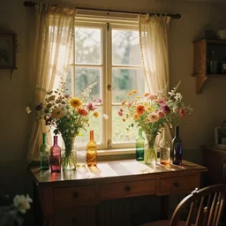 1 9 9 0 s candid 3 5 mm photo of a beautiful day in the a dreamy flowery cottage, cinematic lighting, cinematic look, golden hour, a desk for flower arrangements has sun shinning on it through a window, multicoloured glasses bottles with light shining through them in the room, uhd