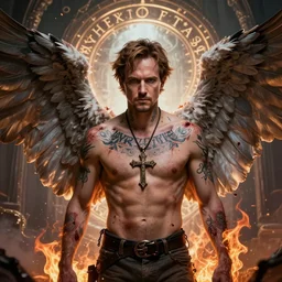 Dean Winchester as a aesthetic angel with big open wings, a cross pendant and religious tattoos on chest and neck, stained and bleeding, magic overlays, magic flames, open portal with runes in the background, romance book cover style, D&D illustration style, (octane render) fantasy style, sharp focus, ultra detailed, art by Artgerm and Peter Andrew Jones, Ayami Kojima, Amano and Olivier Ledroit