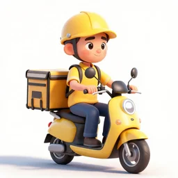 delivery driver on moped delivering packages, bright color, bubbly, digital cartoon syle image, no blur, white background