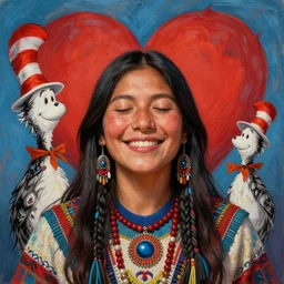 a beautiful portrait of an indigenous female shaman smiling with eyes closed feeling deep love for herself, a heart in the background, symetrical, designed by dr seuss and michal karcz, by cyril rolando and asher durand and natalie shau