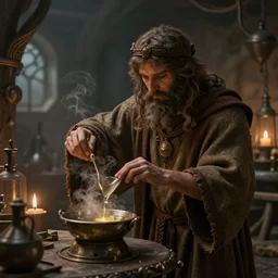 ancient druid brewing in his mystic laboratory, highly detailed digital art