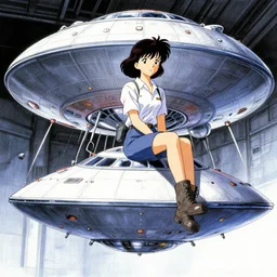 a film still of a 1 9 5 0's mechanic anime girl sitting on top of flying ufo landing in hangar of giant ufo spaceship, intricate linework, sharp focus,, finely detailed features, full body mid shot, perfect art, trending on pixiv fanbox, painted by gaston bussiere, makoto shinkai, akihiko yoshida, gaston bussiere, craig mullins