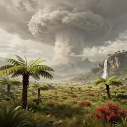 a prehistoric savanna with giant ferns, red shrubs, waterfall, mountains, towering cumulonimbus clouds, volumetric lighting, hazy, washed out, an award winning digital render, beautiful, ultradetailed, hyperrealistic, great composition