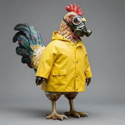 maquette sculpture of a 7 foot tall giant chicken like prehistoric bird with iridescent feathers and wearing a yellow raincoat and gas mask. hyperreal
